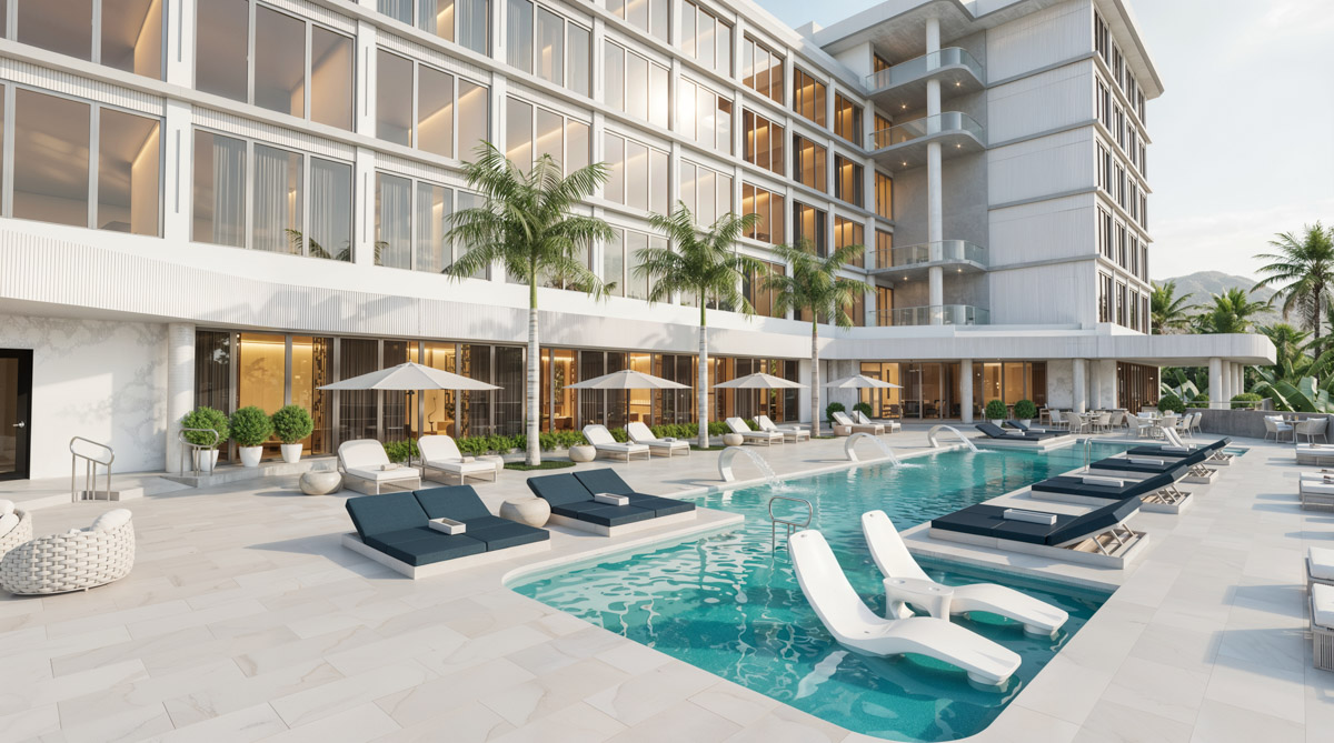 Outdoor pool and sun deck at the new Fort George Hotel and Spa tower opening in Belize City in 2026